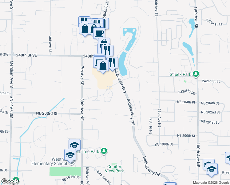 map of restaurants, bars, coffee shops, grocery stores, and more near 9000 Northeast 203rd Place in Bothell