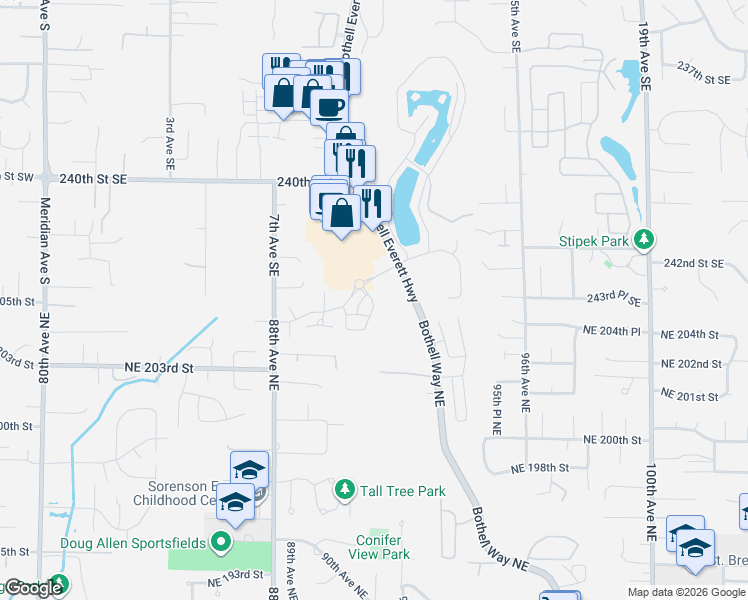 map of restaurants, bars, coffee shops, grocery stores, and more near 9000 Northeast 203rd Place in Bothell