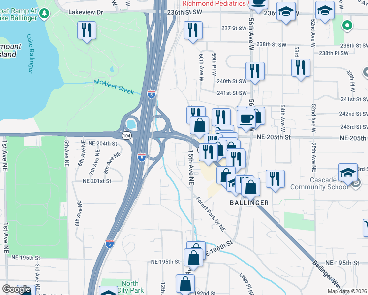 map of restaurants, bars, coffee shops, grocery stores, and more near 20065 15th Avenue Northeast in Shoreline