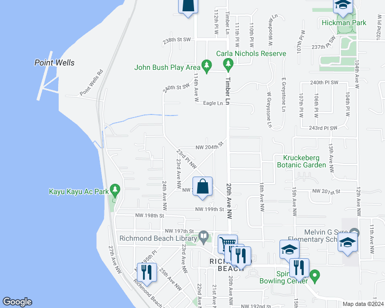 map of restaurants, bars, coffee shops, grocery stores, and more near 20230 23rd Place Northwest in Shoreline