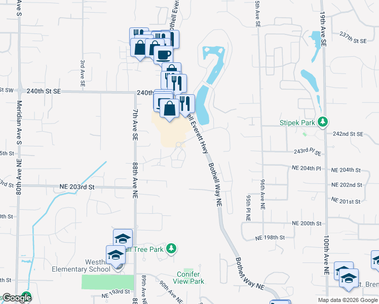 map of restaurants, bars, coffee shops, grocery stores, and more near 9000 Northeast 203rd Place in Bothell