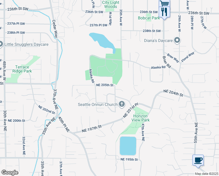 map of restaurants, bars, coffee shops, grocery stores, and more near 4420 Northeast 203rd Place in Lake Forest Park