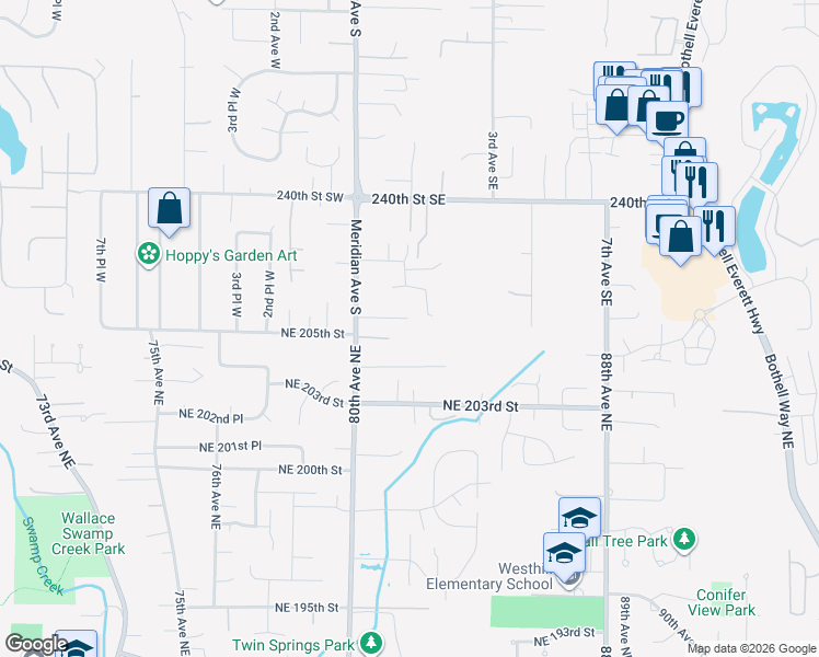 map of restaurants, bars, coffee shops, grocery stores, and more near 106 243rd Place Southeast in Bothell