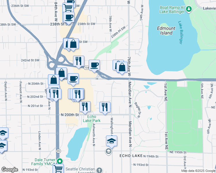 map of restaurants, bars, coffee shops, grocery stores, and more near 20313 Wallingford Avenue North in Shoreline