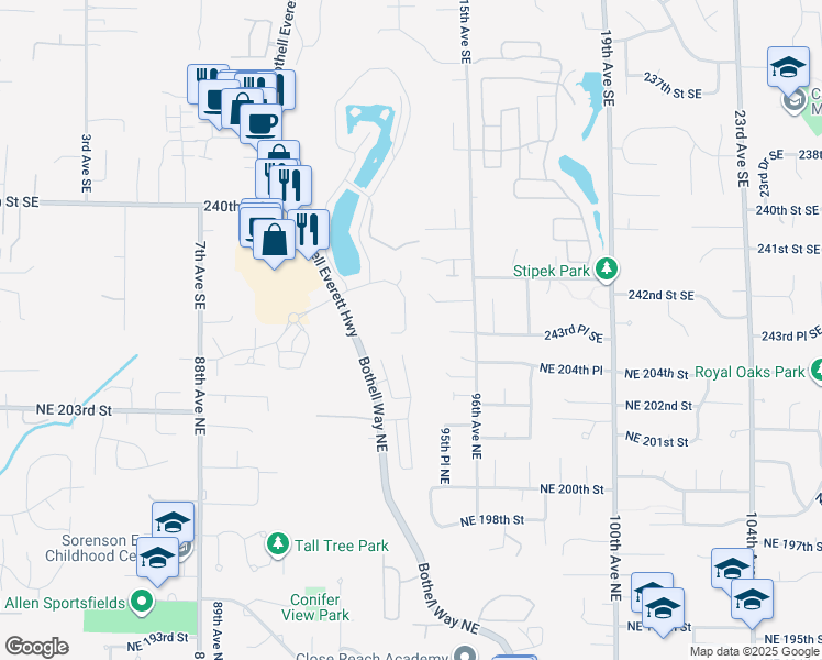map of restaurants, bars, coffee shops, grocery stores, and more near 22910 Bothell Way Northeast in Bothell