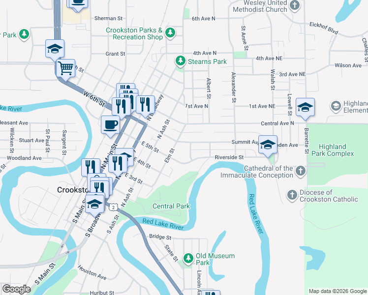 map of restaurants, bars, coffee shops, grocery stores, and more near 317 East 5th Street in Crookston