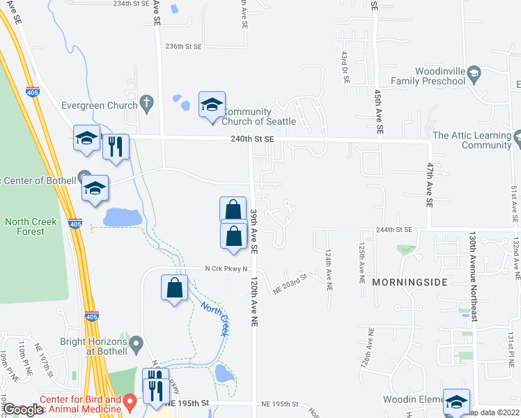 map of restaurants, bars, coffee shops, grocery stores, and more near 12007 Northeast 204th Place in Bothell