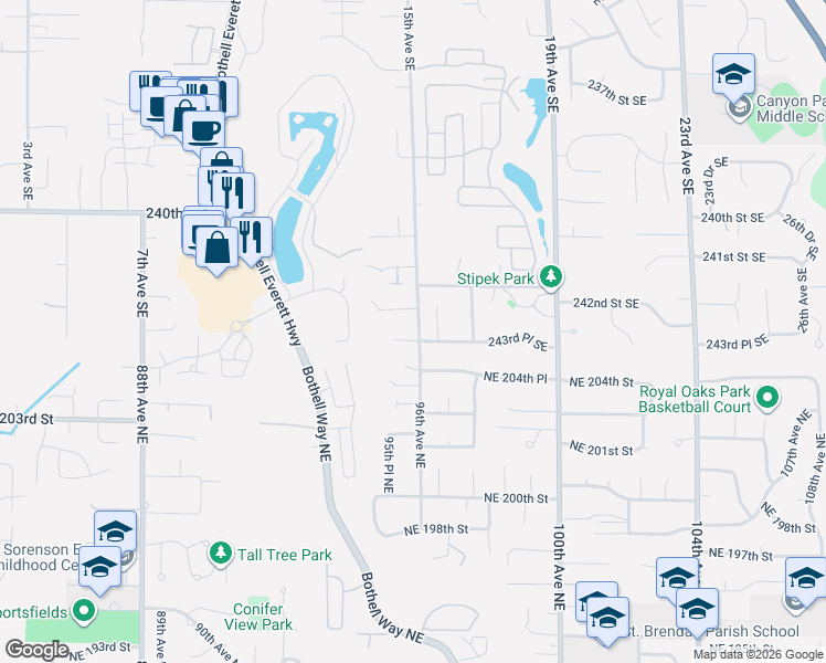 map of restaurants, bars, coffee shops, grocery stores, and more near 20415 96th Avenue Northeast in Bothell