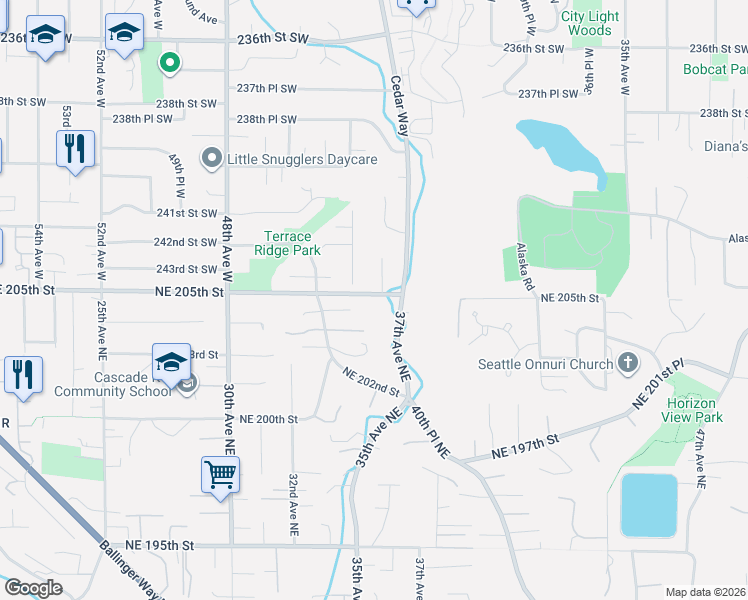 map of restaurants, bars, coffee shops, grocery stores, and more near 3504 Northeast 204th Street in Lake Forest Park