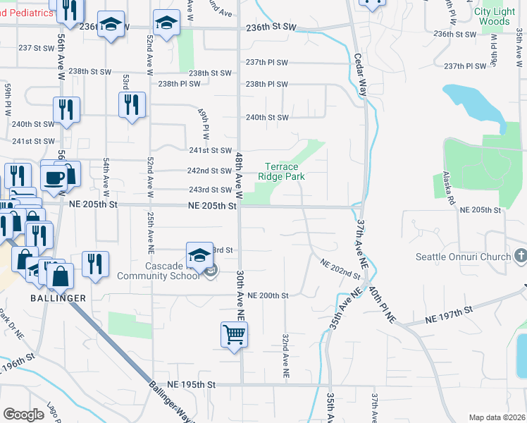 map of restaurants, bars, coffee shops, grocery stores, and more near 3029 Northeast 204th Street in Lake Forest Park