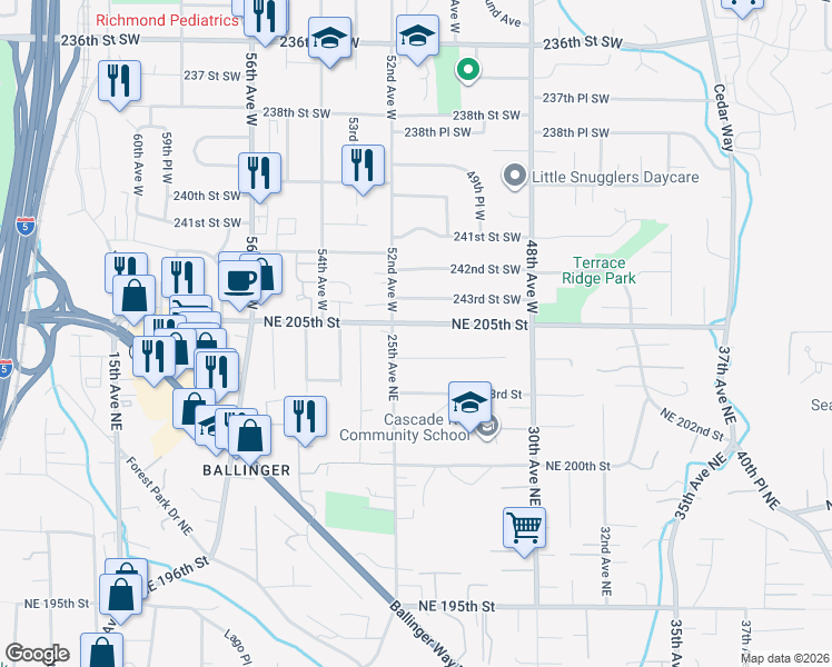 map of restaurants, bars, coffee shops, grocery stores, and more near 20324 25th Avenue Northeast in Shoreline
