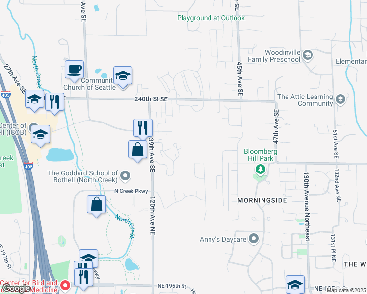 map of restaurants, bars, coffee shops, grocery stores, and more near 3918 243rd Place Southeast in Bothell