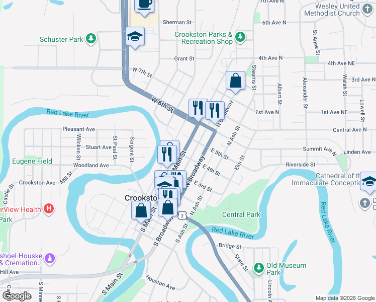 map of restaurants, bars, coffee shops, grocery stores, and more near 408 North Main Street in Crookston