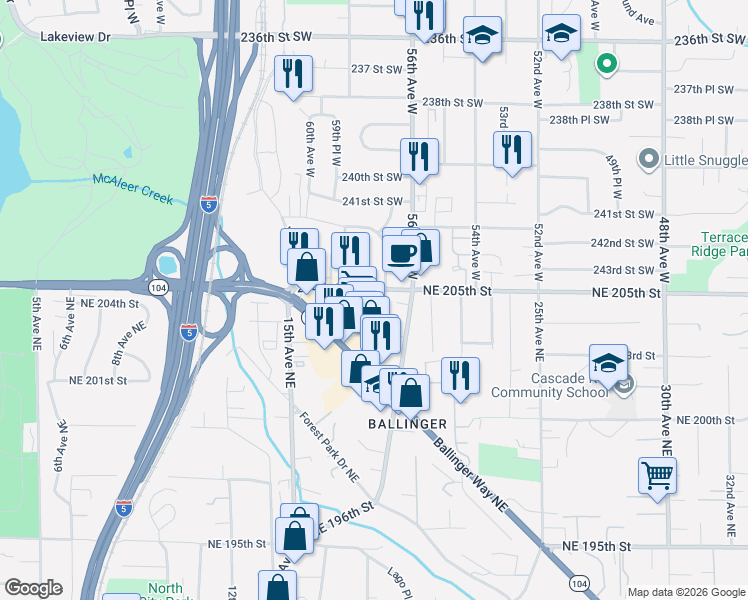 map of restaurants, bars, coffee shops, grocery stores, and more near 1795 Northeast 205th Street in Shoreline
