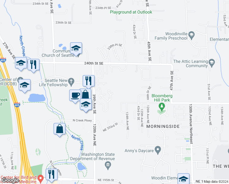map of restaurants, bars, coffee shops, grocery stores, and more near 24207 39th Avenue Southeast in Bothell