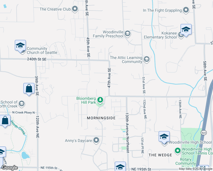 map of restaurants, bars, coffee shops, grocery stores, and more near 24228 47th Avenue Southeast in Woodinville