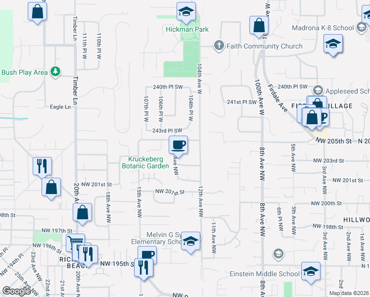 map of restaurants, bars, coffee shops, grocery stores, and more near 20415 12th Place Northwest in Shoreline