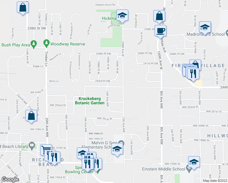 map of restaurants, bars, coffee shops, grocery stores, and more near 20415 12th Place Northwest in Shoreline