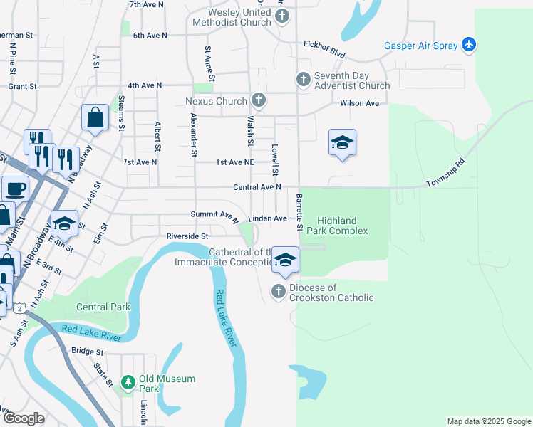 map of restaurants, bars, coffee shops, grocery stores, and more near 623 Lowell Street in Crookston