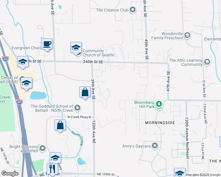 map of restaurants, bars, coffee shops, grocery stores, and more near 24207 39th Avenue Southeast in Bothell