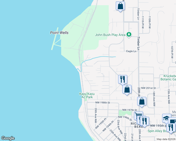 map of restaurants, bars, coffee shops, grocery stores, and more near 20452 Richmond Beach Drive Northwest in Seattle