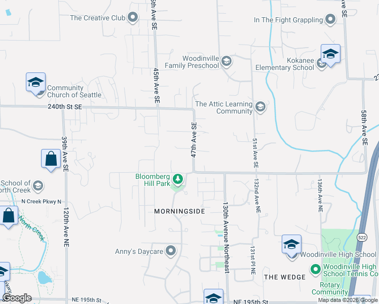 map of restaurants, bars, coffee shops, grocery stores, and more near 24228 47th Avenue Southeast in Woodinville