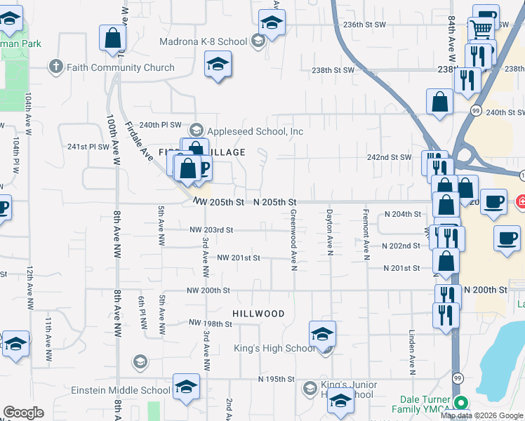 map of restaurants, bars, coffee shops, grocery stores, and more near 119 North 205th Street in Seattle