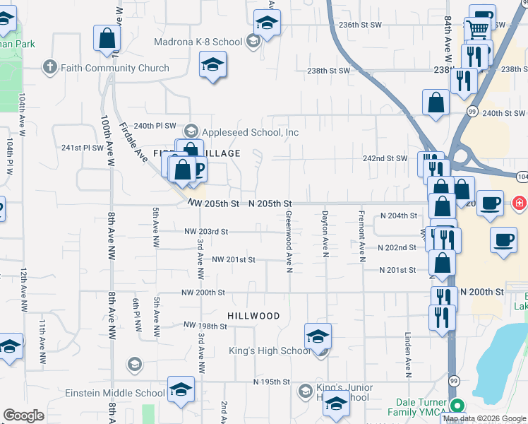 map of restaurants, bars, coffee shops, grocery stores, and more near 133 N 205th Street in Shoreline