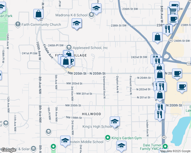 map of restaurants, bars, coffee shops, grocery stores, and more near 133 N 205th Street in Shoreline