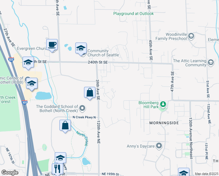map of restaurants, bars, coffee shops, grocery stores, and more near 24207 39th Avenue Southeast in Bothell
