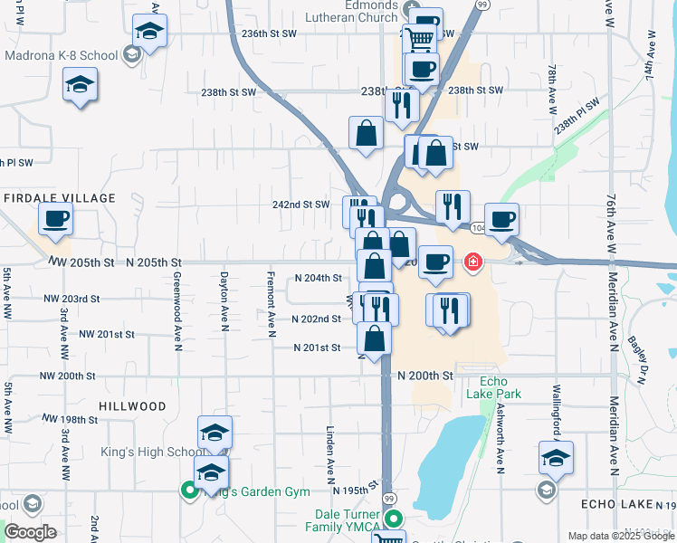 map of restaurants, bars, coffee shops, grocery stores, and more near 8601 North 205th Street in Edmonds