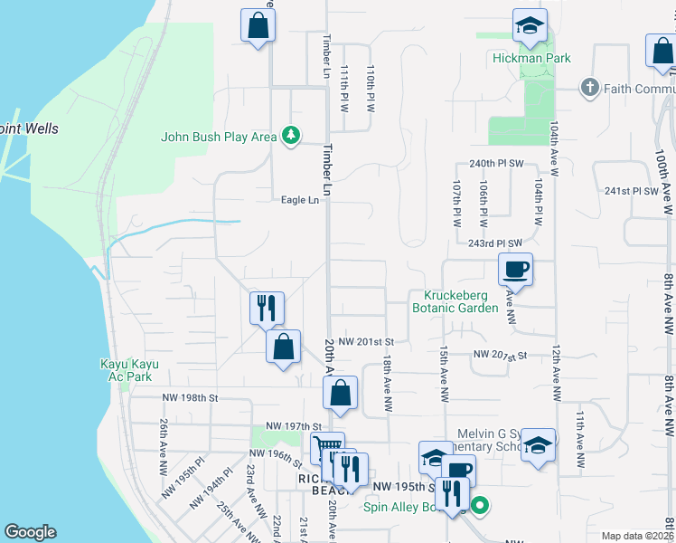 map of restaurants, bars, coffee shops, grocery stores, and more near 11110 Berry Lane in Woodway