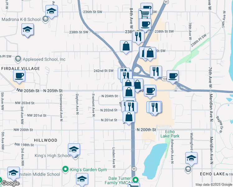 map of restaurants, bars, coffee shops, grocery stores, and more near 8601 North 205th Street in Edmonds