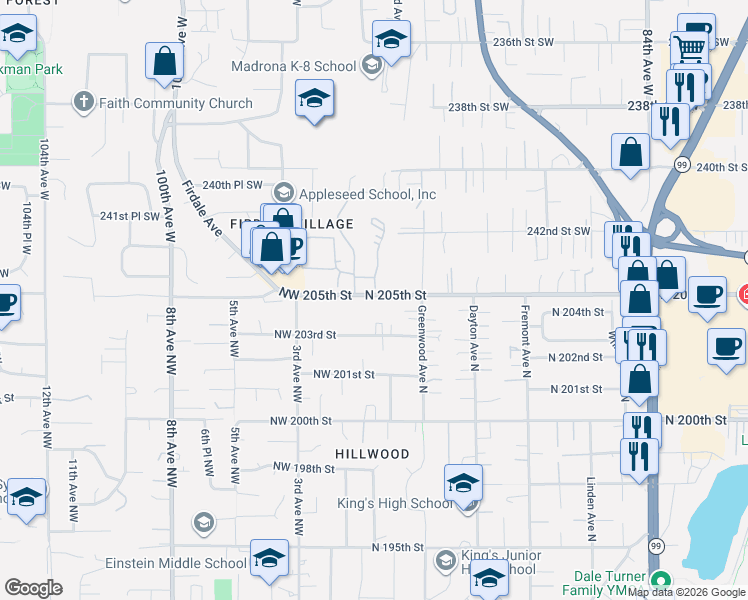 map of restaurants, bars, coffee shops, grocery stores, and more near 119 North 205th Street in Seattle