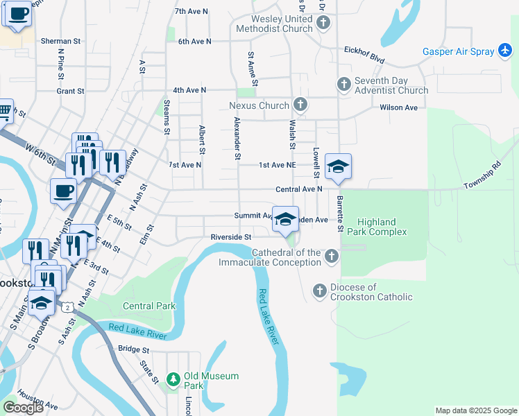 map of restaurants, bars, coffee shops, grocery stores, and more near 526 Central Avenue North in Crookston