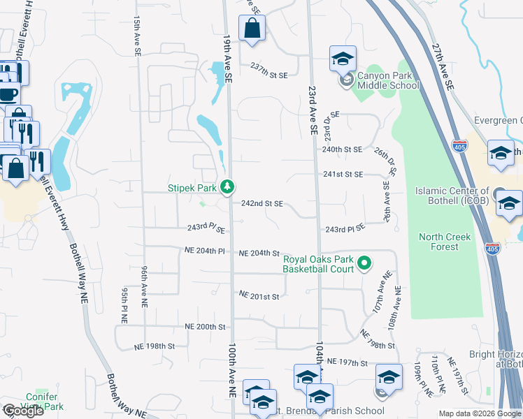 map of restaurants, bars, coffee shops, grocery stores, and more near 2025 242nd Street Southeast in Bothell