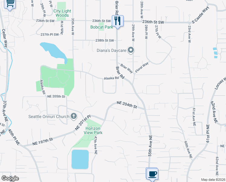 map of restaurants, bars, coffee shops, grocery stores, and more near 3149 243rd Street Southwest in Brier