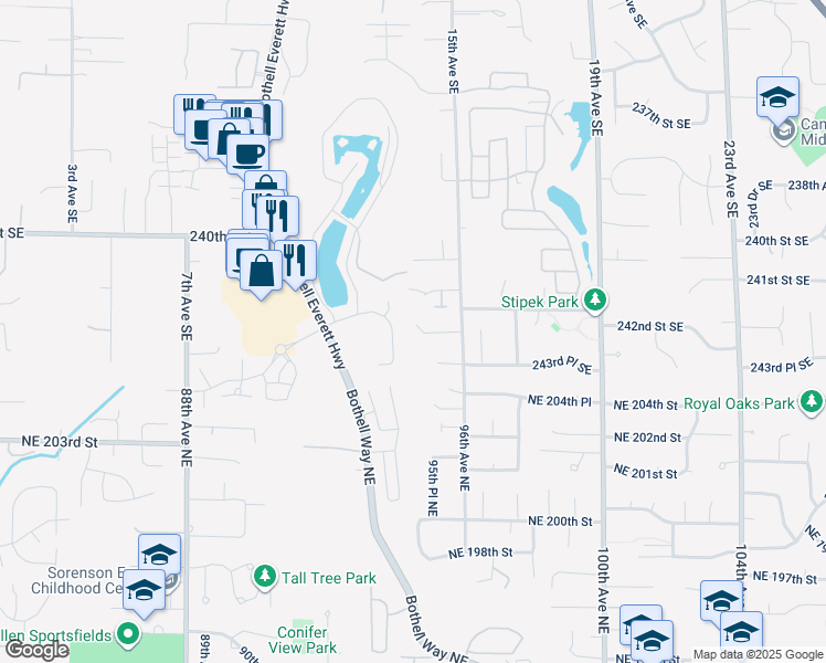 map of restaurants, bars, coffee shops, grocery stores, and more near 1417 242nd Place Southeast in Bothell