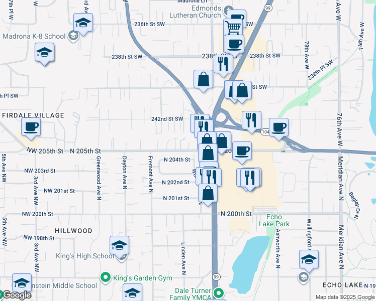 map of restaurants, bars, coffee shops, grocery stores, and more near 8601 North 205th Street in Edmonds