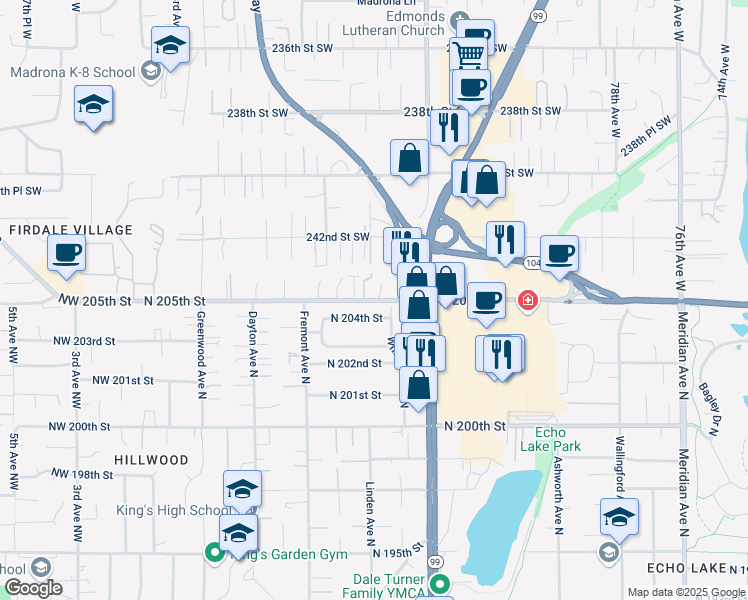 map of restaurants, bars, coffee shops, grocery stores, and more near 8601 North 205th Street in Edmonds