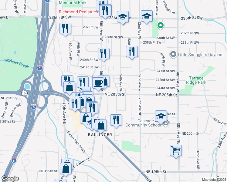 map of restaurants, bars, coffee shops, grocery stores, and more near 5407 244th Street Southwest in Mountlake Terrace