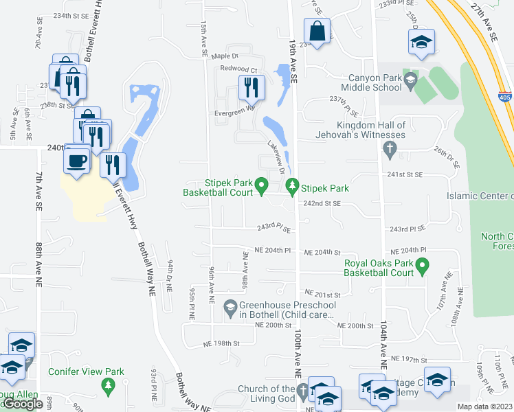 map of restaurants, bars, coffee shops, grocery stores, and more near 1706 242nd Street Southeast in Bothell