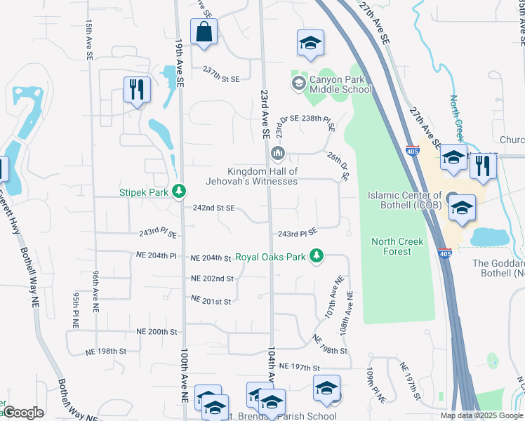 map of restaurants, bars, coffee shops, grocery stores, and more near 24222 23rd Avenue Southeast in Bothell