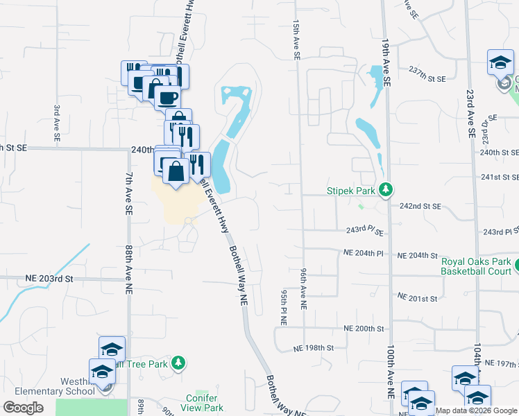 map of restaurants, bars, coffee shops, grocery stores, and more near 24229 13 Avenue Southeast in Bothell