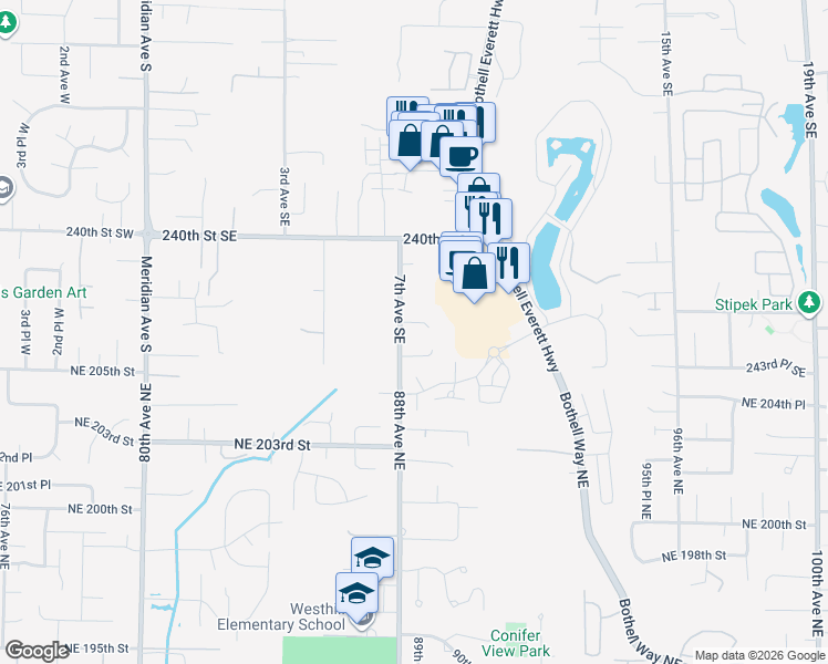 map of restaurants, bars, coffee shops, grocery stores, and more near 24229 7th Avenue Southeast in Bothell