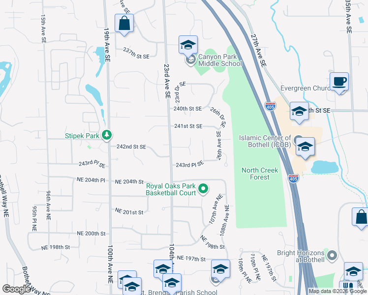 map of restaurants, bars, coffee shops, grocery stores, and more near 24217 23rd Avenue Southeast in Bothell
