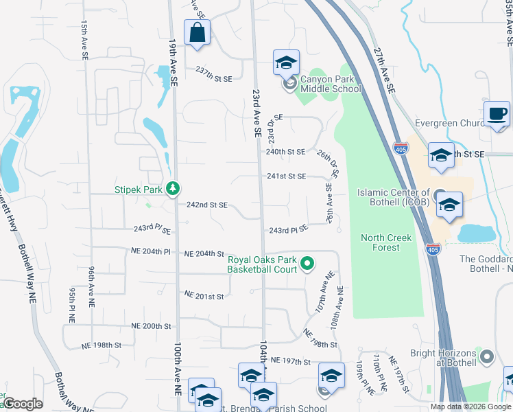 map of restaurants, bars, coffee shops, grocery stores, and more near 24222 23rd Avenue Southeast in Bothell