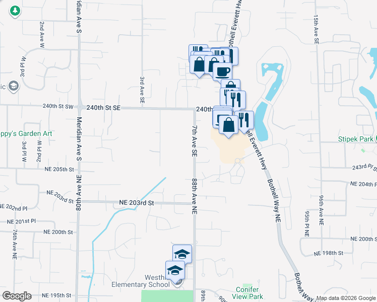 map of restaurants, bars, coffee shops, grocery stores, and more near 24229 7th Avenue Southeast in Bothell