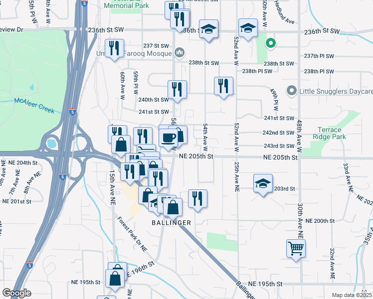 map of restaurants, bars, coffee shops, grocery stores, and more near 5407 244th Street Southwest in Mountlake Terrace