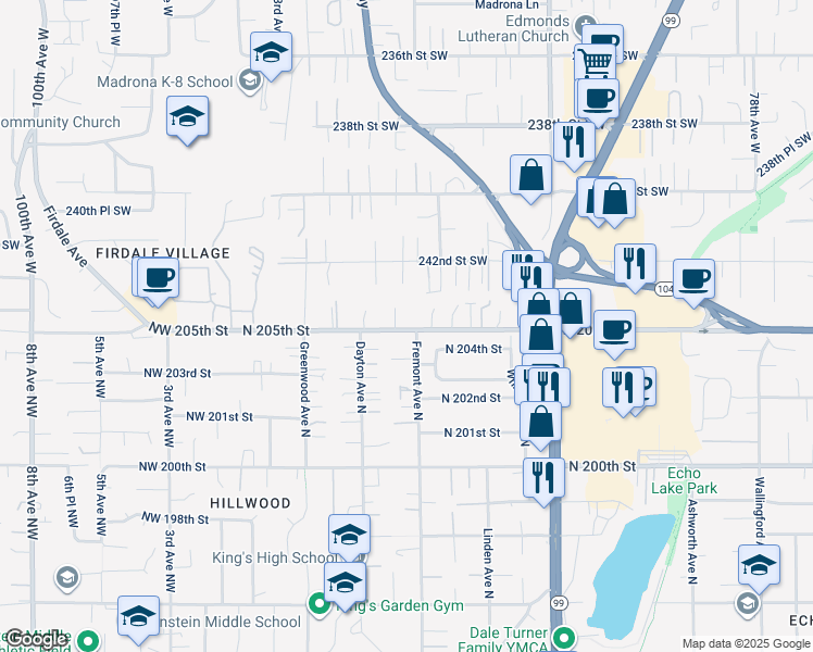 map of restaurants, bars, coffee shops, grocery stores, and more near 24325 89th Place West in Edmonds